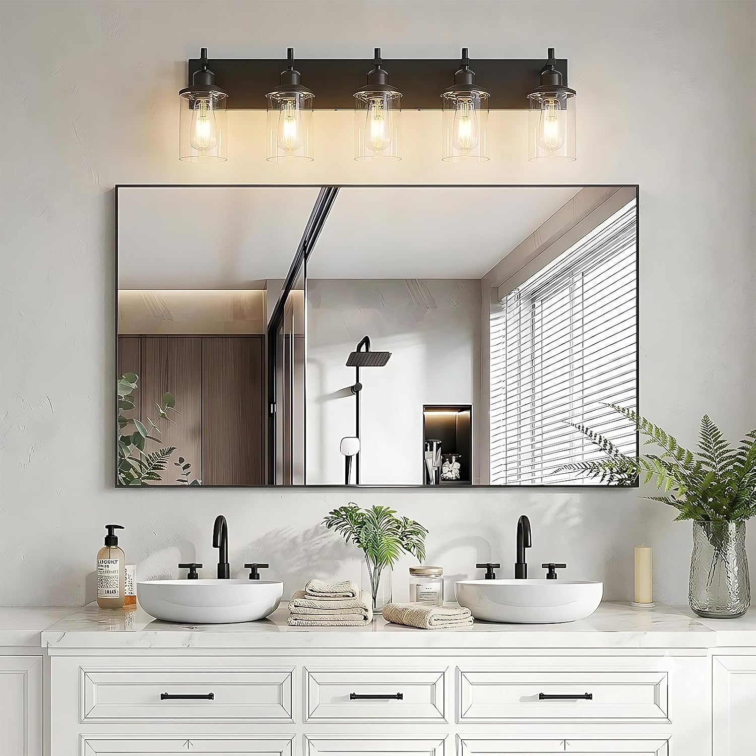 Lanhall 5-Light Black Bathroom Light Fixture Over Mirror Modern Farmhouse Bathroom Vanity Light Vintage Wall Lighting with Clear Glass Shade for Bathroom, Bedroom, Hallway, Cabinet
