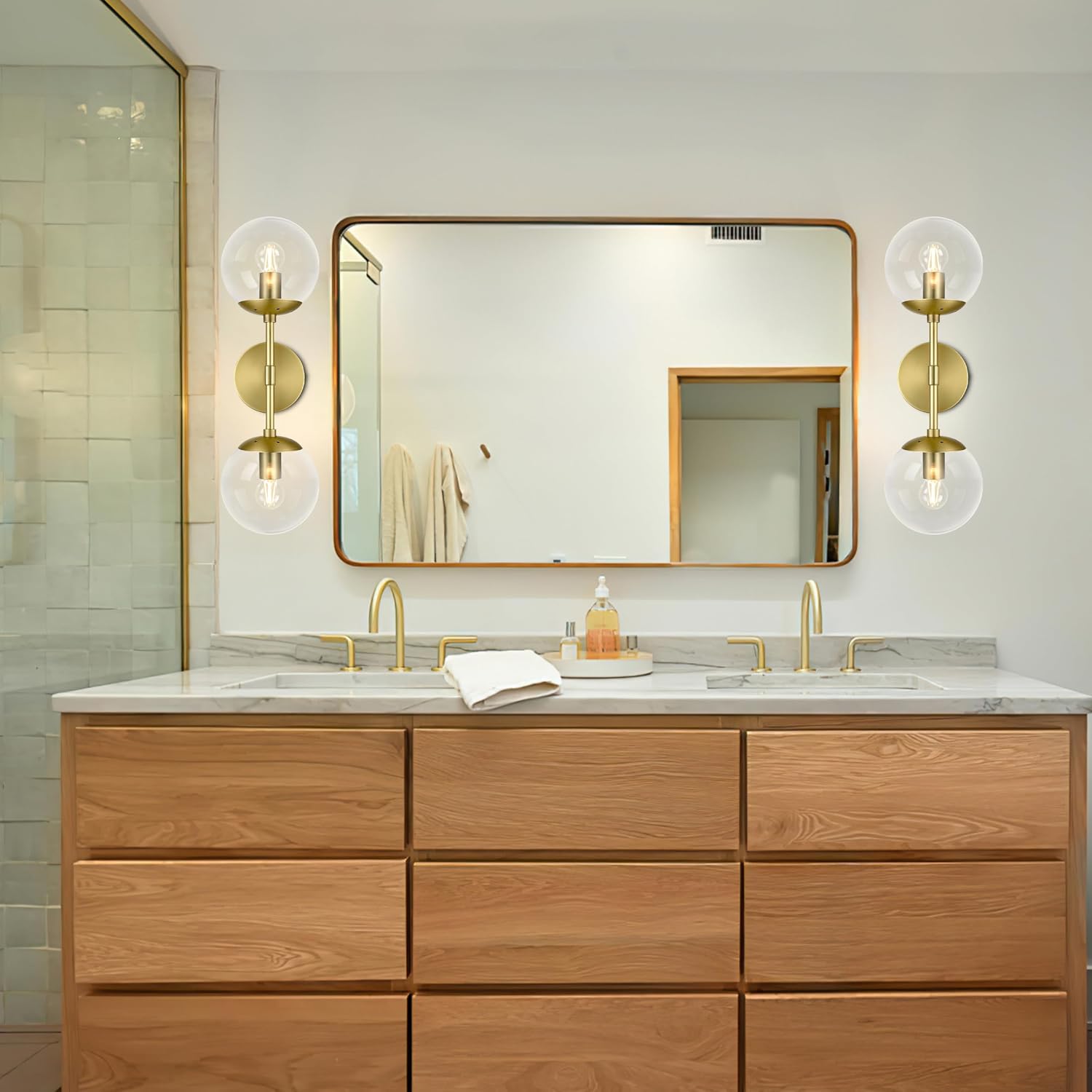 KoKo&Yukina 2 Pack Mid Century Modern Bathroom Vanity Light Brushed Gold Vanity Lighting Fixtures Modern Wall Sconce 2-Lights Globe Vanity Light with Clear Glass Shade for Bathroom(Bulb Incl)