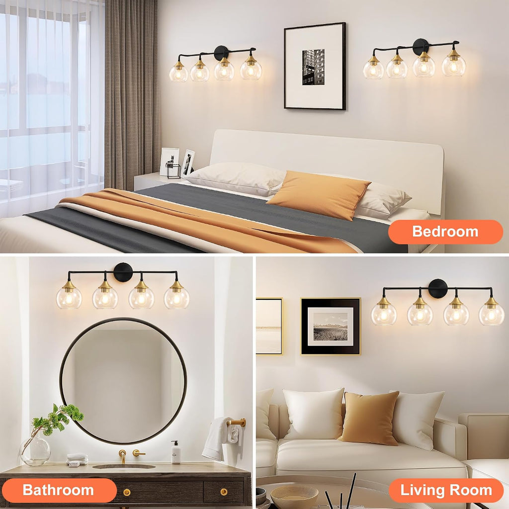 Bathroom Vanity Light with Clear Glass Shade, E26 Base, 31 Inch Vanity Lighting Fixtures Over Mirror, Vanity Lights for Bathroom (Exclude E26 Bulb) - Black and Gold, 4-Lights