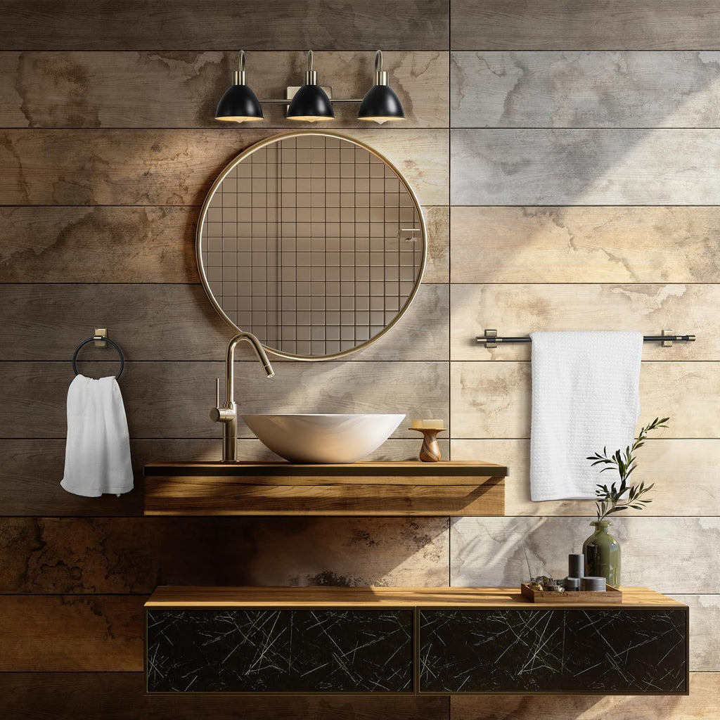 GLOBE Electric 63000058 5-Piece All-in-One Bathroom Accessory Set, Brass & Black, 3-Light Vanity Light, Towel Bar, Toilet Paper Holder, Towel Ring, Robe Hook, Bathroom Lights Over Mirror