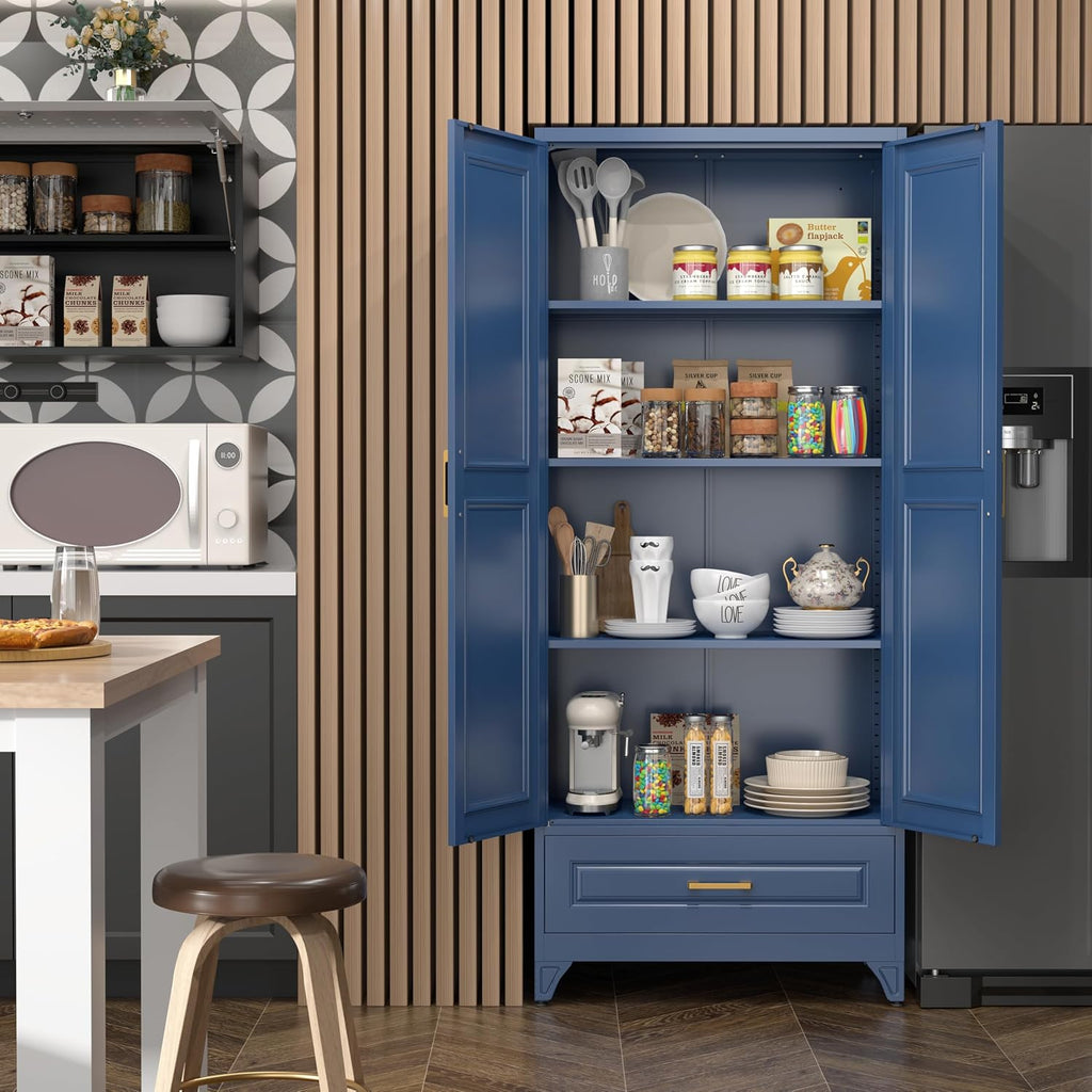 SteeLoong 75' Kitchen Pantry Cabinet with Drawer, Metal Storage Cabinets with Doors and 4 Adjustable Shelves,Blue Kitchen Cabinet with 2 Gold Handles,Food Cupboard for Livingroom,Pantry, Bathroom