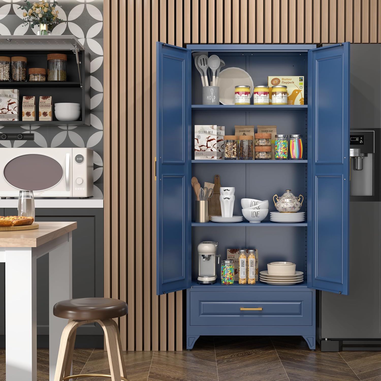 SteeLoong 75' Kitchen Pantry Cabinet with Drawer, Metal Storage Cabinets with Doors and 4 Adjustable Shelves,Blue Kitchen Cabinet with 2 Gold Handles,Food Cupboard for Livingroom,Pantry, Bathroom