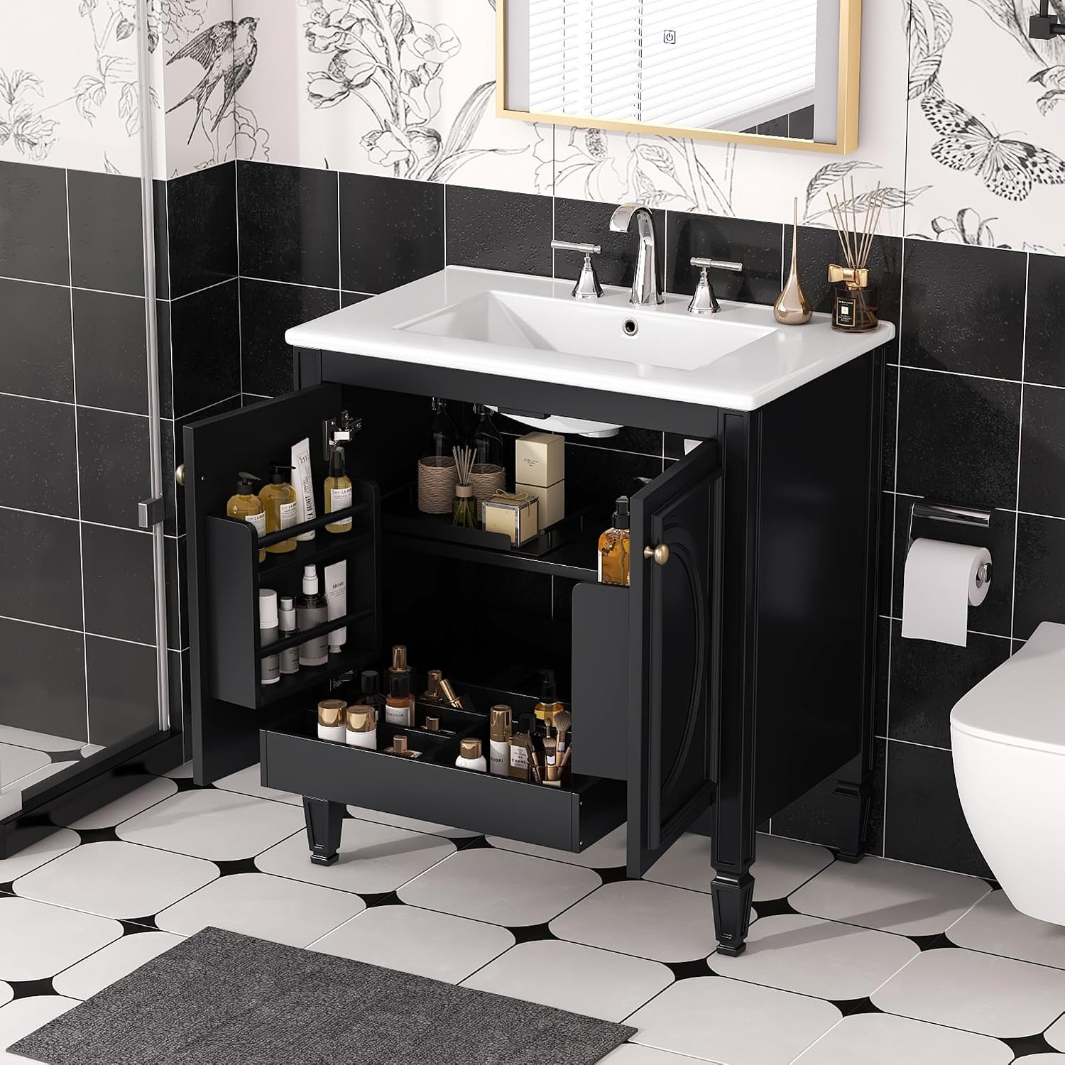 30 Inch Black Bathroom Vanity with Sink,Vintage Bathroom Sink Cabinet 30 Inch,Drop-In with Integrated Countertop,2 Storage Door Organizers & Sliding Tray,Adjustable Shelf,Soft Closing,Solid Wood Frame