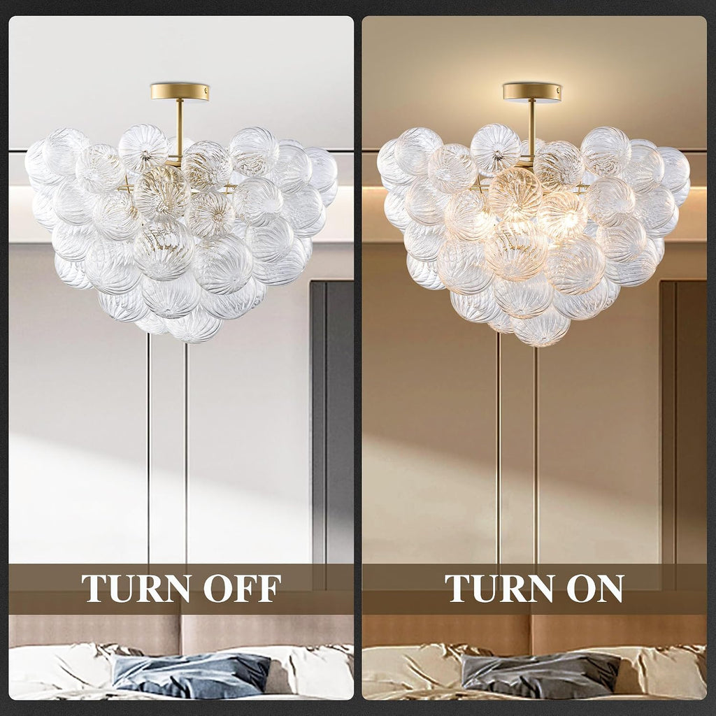 Semi Flush Mount Bubble Ball Chandelier Lighting 24 Inches Gold Clear Ribbed Blown Glass Chandeliers Ceiling Light Fixture for Bedroom, Living Room, Entry, Bathroom