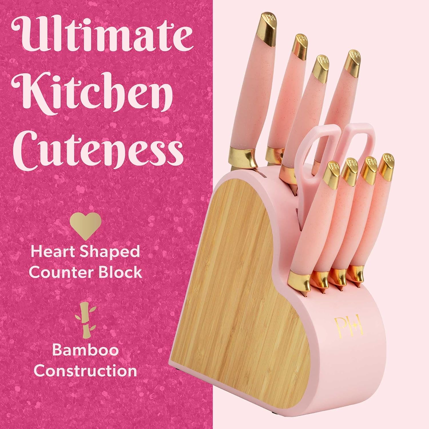 10-Piece Heart Knife Set – Stainless Steel Blades with Acrylic Block for Modern Kitchen Décor (Pink)