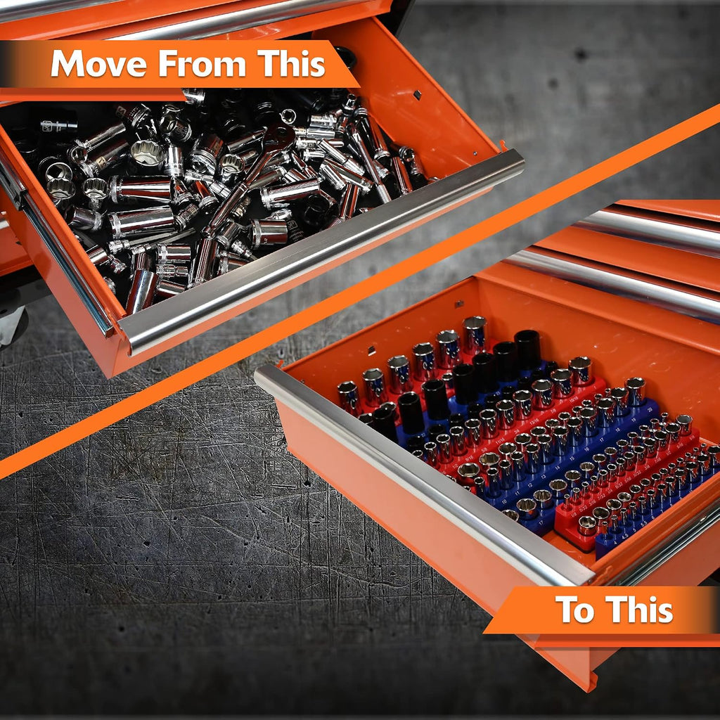 Dynamic 3 Piece Magnetic Socket Organizer Sets, 1/4', 3/8' and 1/2' Drive, SAE and Metric, Quality Tool Box Organizer (3 Pc. SAE Set, Holds 68 Sockets)