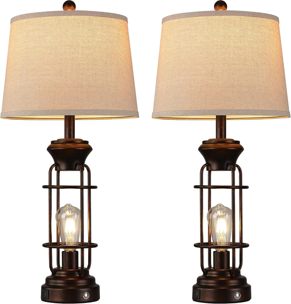 Table Lamps for Living Room Set of 2, 28.5' Farmhouse Lamps for Nightstand with USB C+A Ports, Touch Lamps for Bedroom, LED Bulbs Included