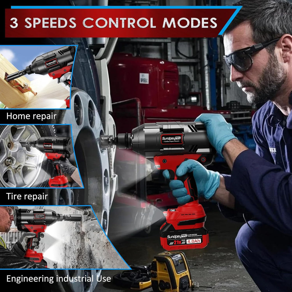 Cordless Impact Wrench 1600Ft-lbs - 2100N·m High Torque Impact Gun with 2 * 4.0Ah Battery - 3/4 Inch Brushless Impact Driver with 3/4' to 1/2' Adapter & 5 Sockets & Case for Car Truck Home