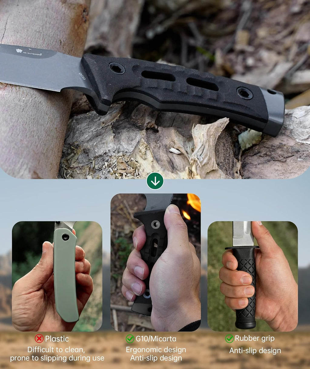 HX OUTDOORS Fixed Blade Camping Knife with Fire Starter, Premium DC53 Steel Full Tang Bushcraft Survival Knife with Kydex Sheath for EDC,Outdoor,Camping,Hiking（Black2