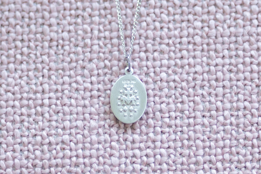 Heartland Store Women's Oval Blue Enamel Miraculous Medal Necklace - 18' Sterling Silver Chain - Elegant Religious Jewelry for Faith and Devotion - USA Made