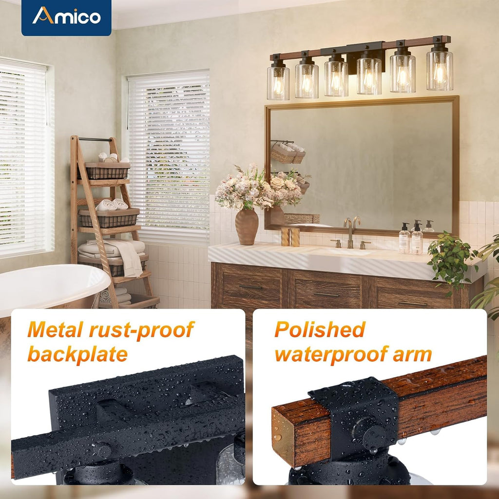 Amico Farmhouse Bathroom Vanity Light Fixtures,Rustic 6-Light Industrial Painted Wood Lights,Vintage Black Wall Sconces Bathroom Vanity Lighting with Bubble Glass Shade