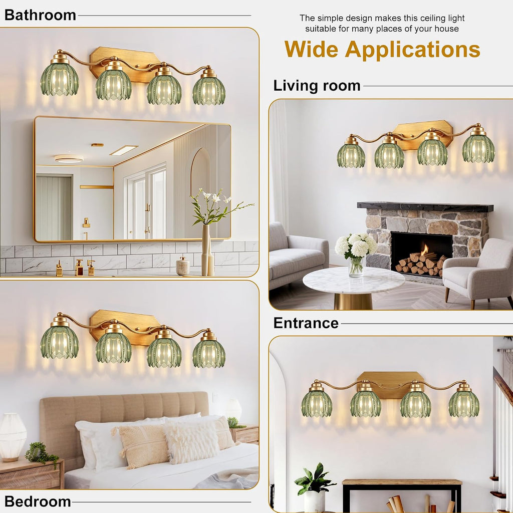 VbiTmn Gold Bathroom Light Fixtures, 4 Light Vintage Vanity Lights, Antique Brass Brushed Gold Finish, Crystal Green Glass Shade, Mid Century Wall Sconces for Bedroom, Living Room, Hallway