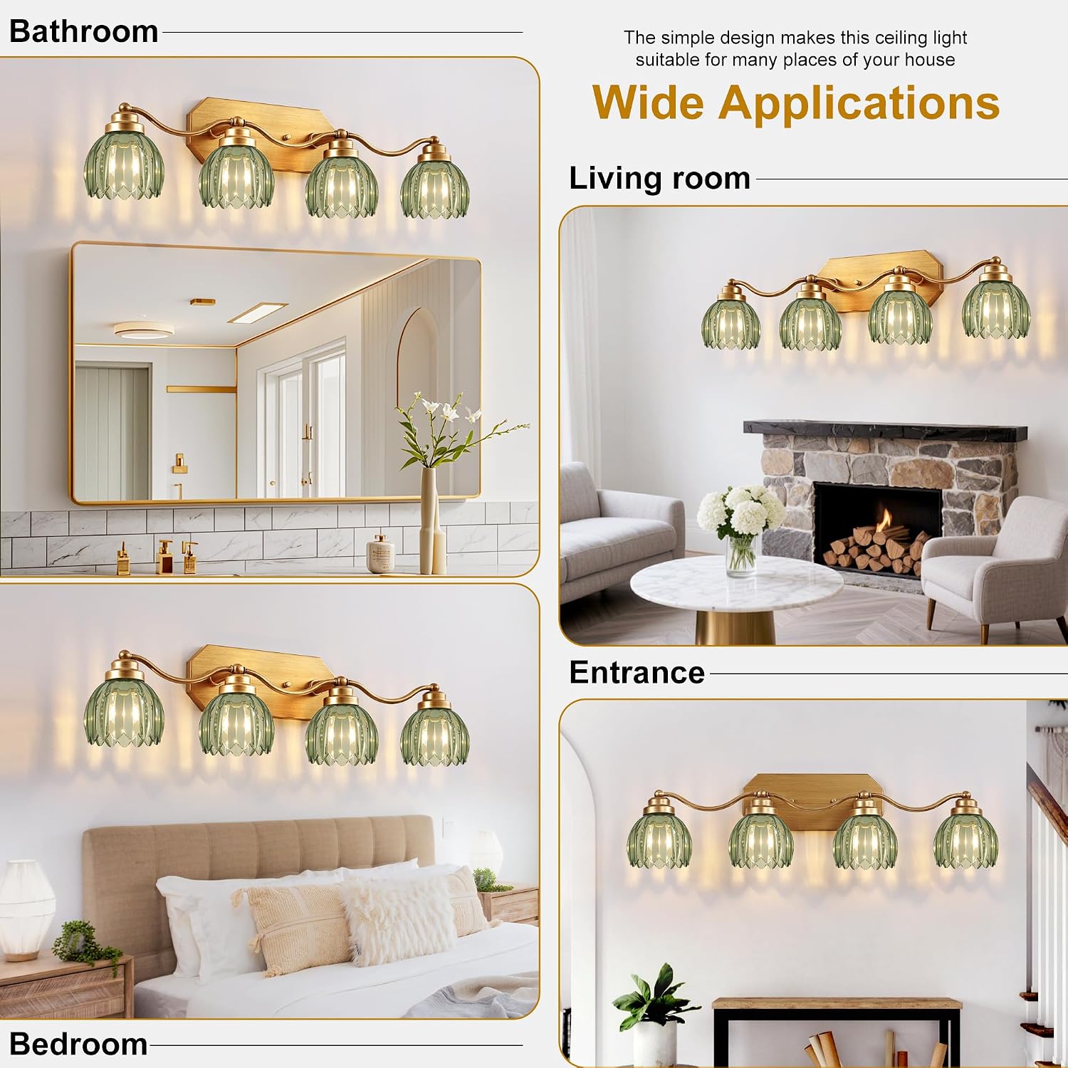 VbiTmn Gold Bathroom Light Fixtures, 4 Light Vintage Vanity Lights, Antique Brass Brushed Gold Finish, Crystal Green Glass Shade, Mid Century Wall Sconces for Bedroom, Living Room, Hallway