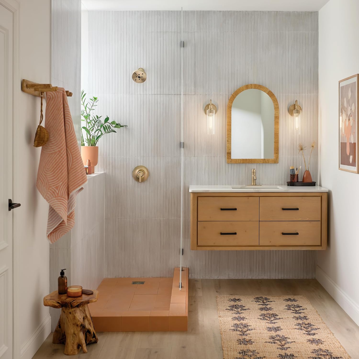 Kichler Kavi 5' 1-Light Wall Sconce Bathroom Vanity Light with Clear Glass in Champagne Bronze, Damp Rated for Bathroom, Powder Room, Kitchen, Hallway, Bedroom (5' W x 13' H), 55209CPZ