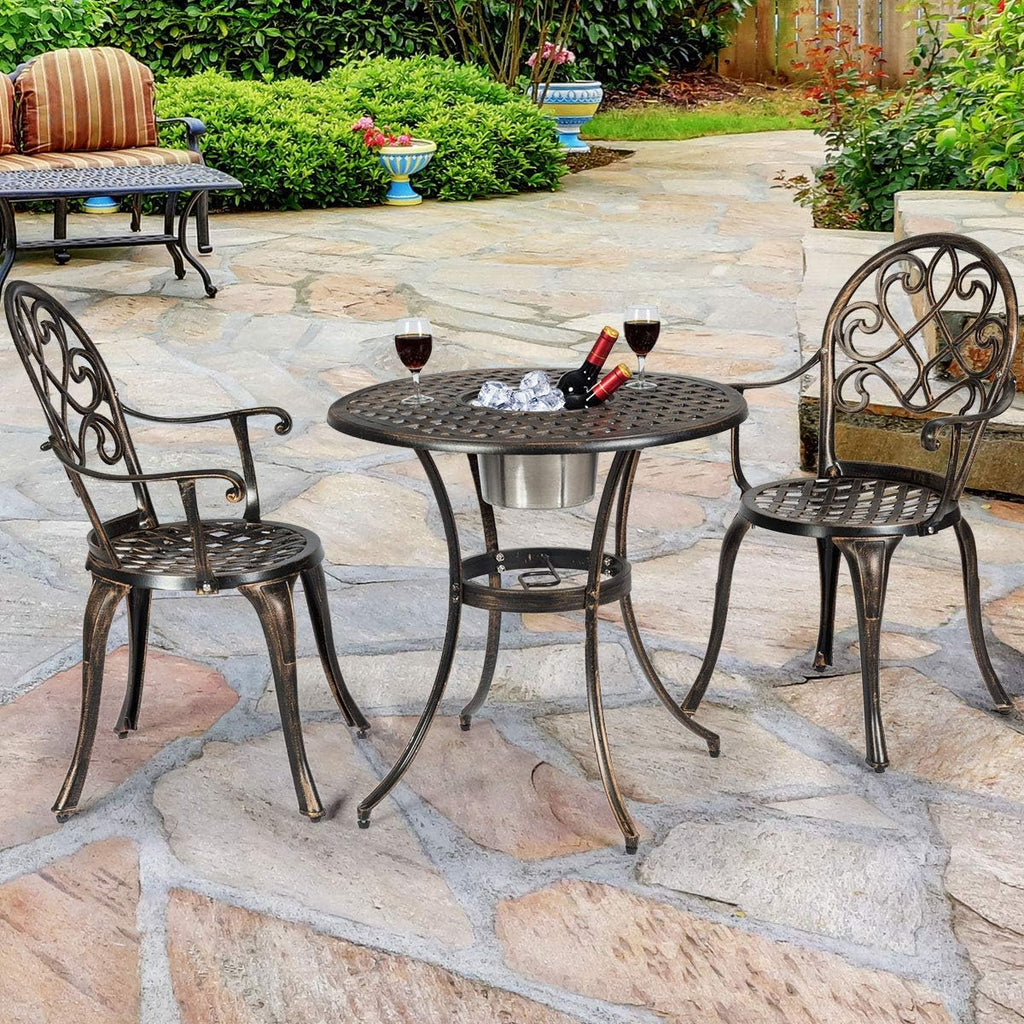 Giantex 3pcs Bistro Table Set Cast Aluminum Outdoor Patio Furniture Set Round Table W/Removable Ice Bucket, 2 Chairs Antique Garden Furniture Weather Resistant (Antique Bronze)