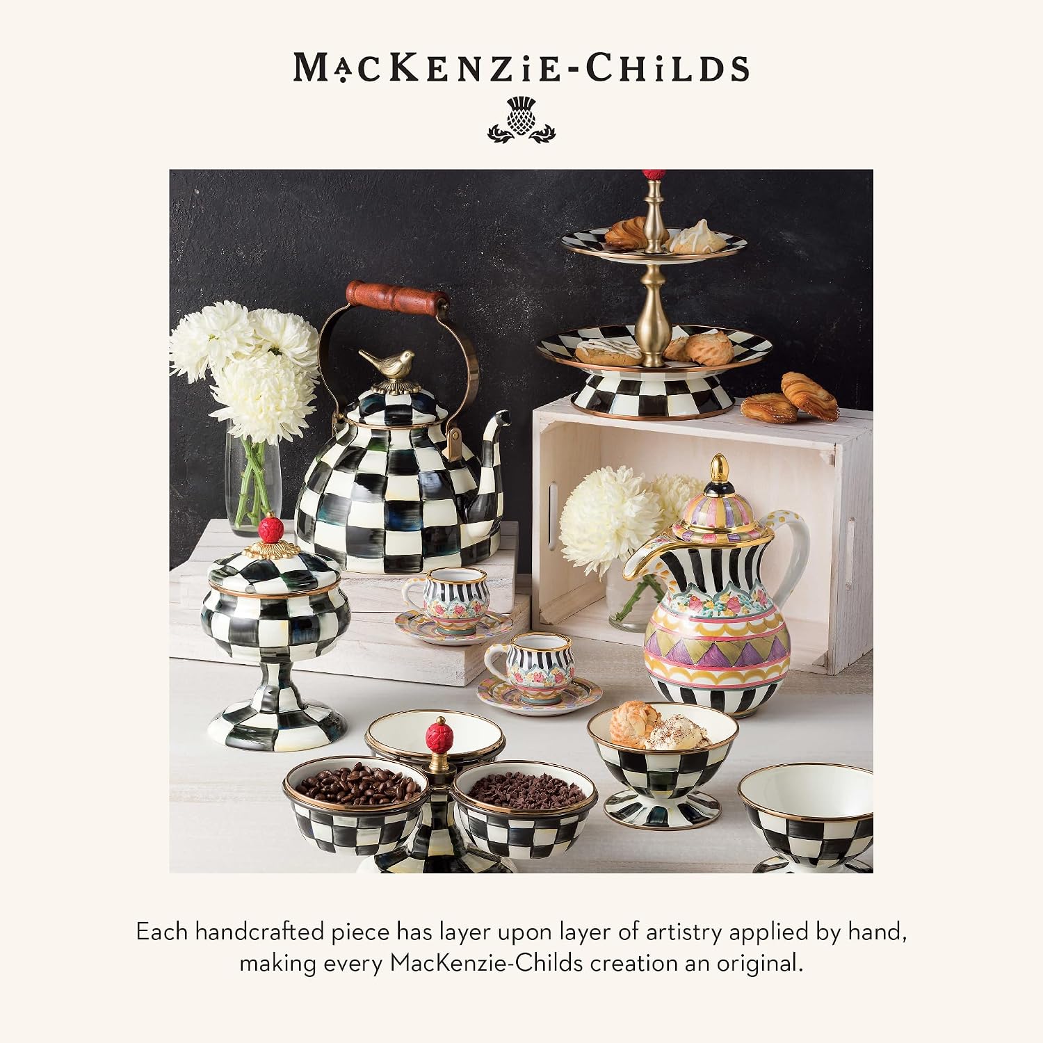 MACKENZIE-CHILDS 3260 Ice Bucket, Decorative Stainless-Steel Bucket and Ice-Cube Bin, Black-and-White Courtly Check