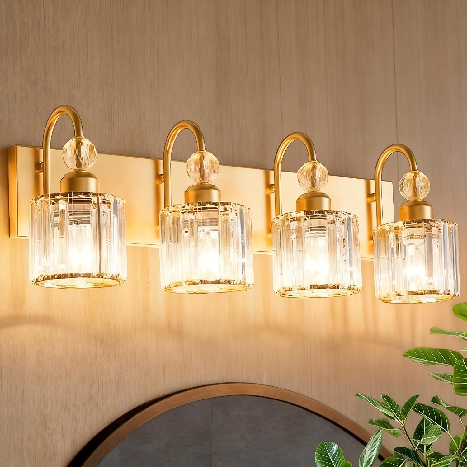 Bathroom Vanity Light Fixtures Over Mirror - Makeup Lighting Pure Gold - for Modern Wall, Bath, Desk, Farmhouse, Hallway - 4 Crystal Lights
