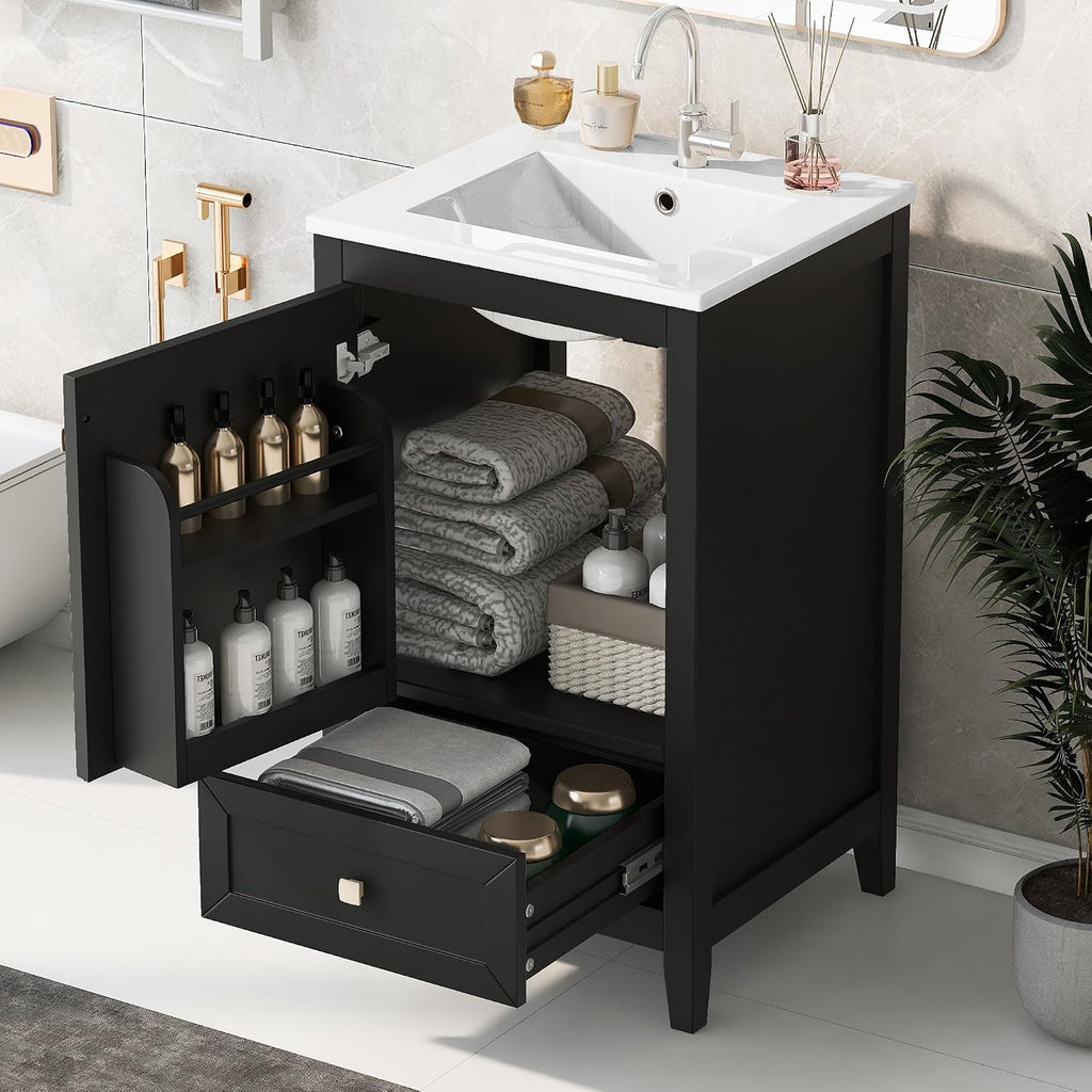 Bellemave 20-inch Solid Wood Bathroom Vanity with Sink, Free Standing Cabinet, Soft Closing Door, Storage Rack, Drawer, Black
