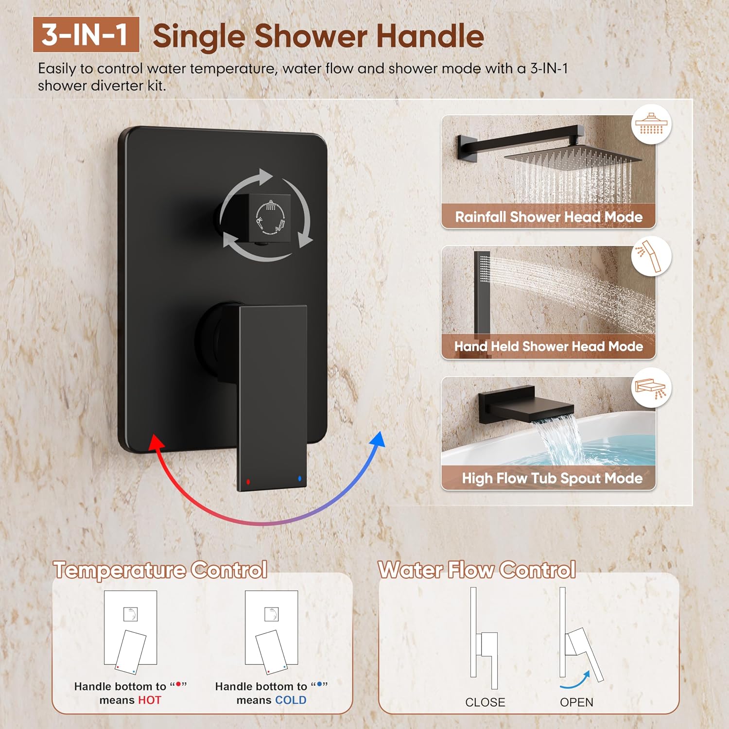 Kurpot Shower System with Tub Spout, All Metal Matte Black Shower Faucet Set with Valve, 10'' Rain Shower Head with Handheld Spray, 59'' Shower Hose and Diverter, Wall Mounted Bath Tub Faucet Set
