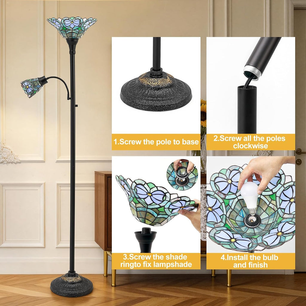 Luvkczc Tiffany Floor Lamp, Stained Glass Lamp Victorian Style with Adjustable Gooseneck Reading Lamp – 70' Tall Torchiere Floor Lamps for Living Room
