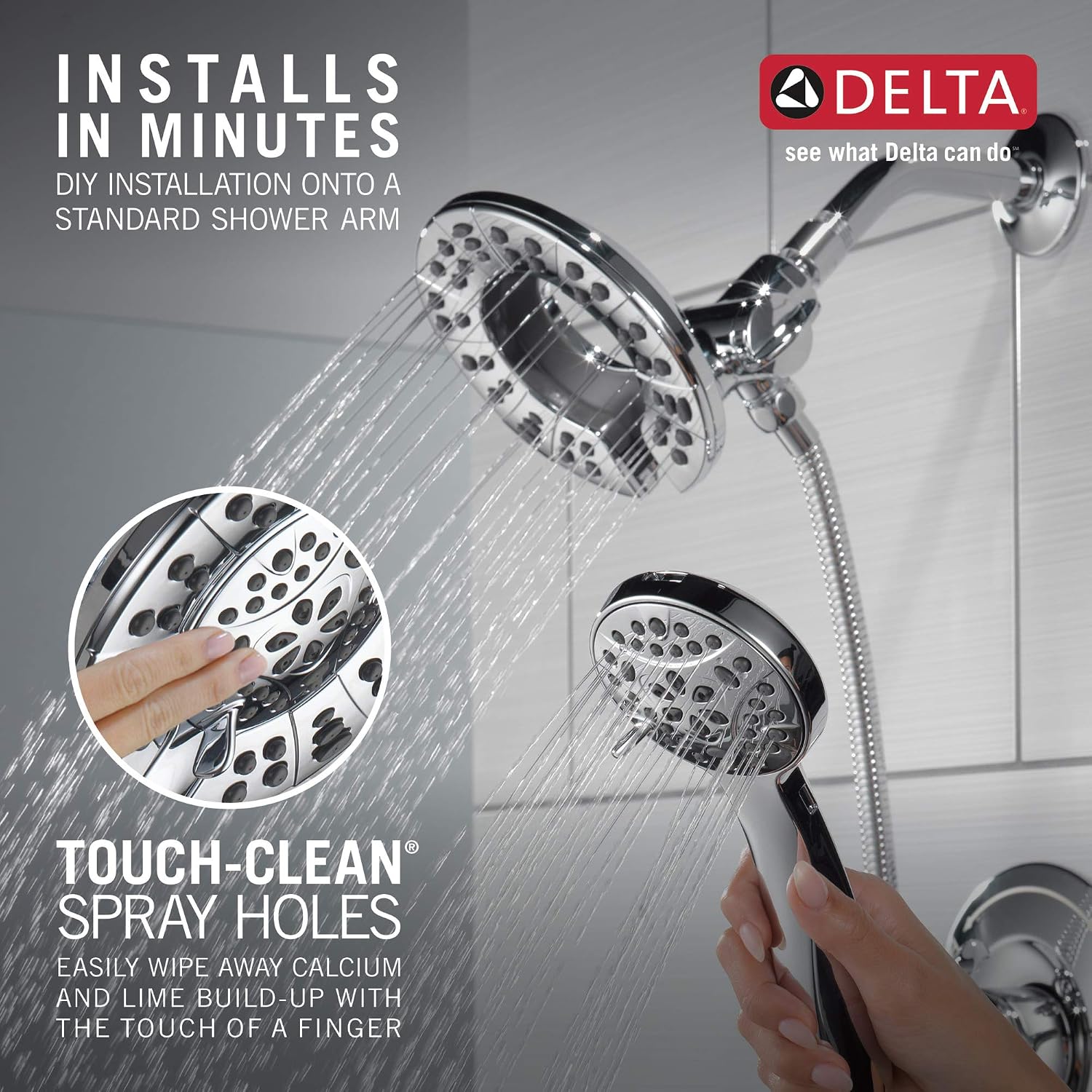 Delta Arvo 14 Series Chrome Bathtub Shower Faucet Set with In2ition 2-in-1 Dual Shower Head with Handheld Spray Combo, Valve Trim Kit, Chrome 144840-I (Valve Included)