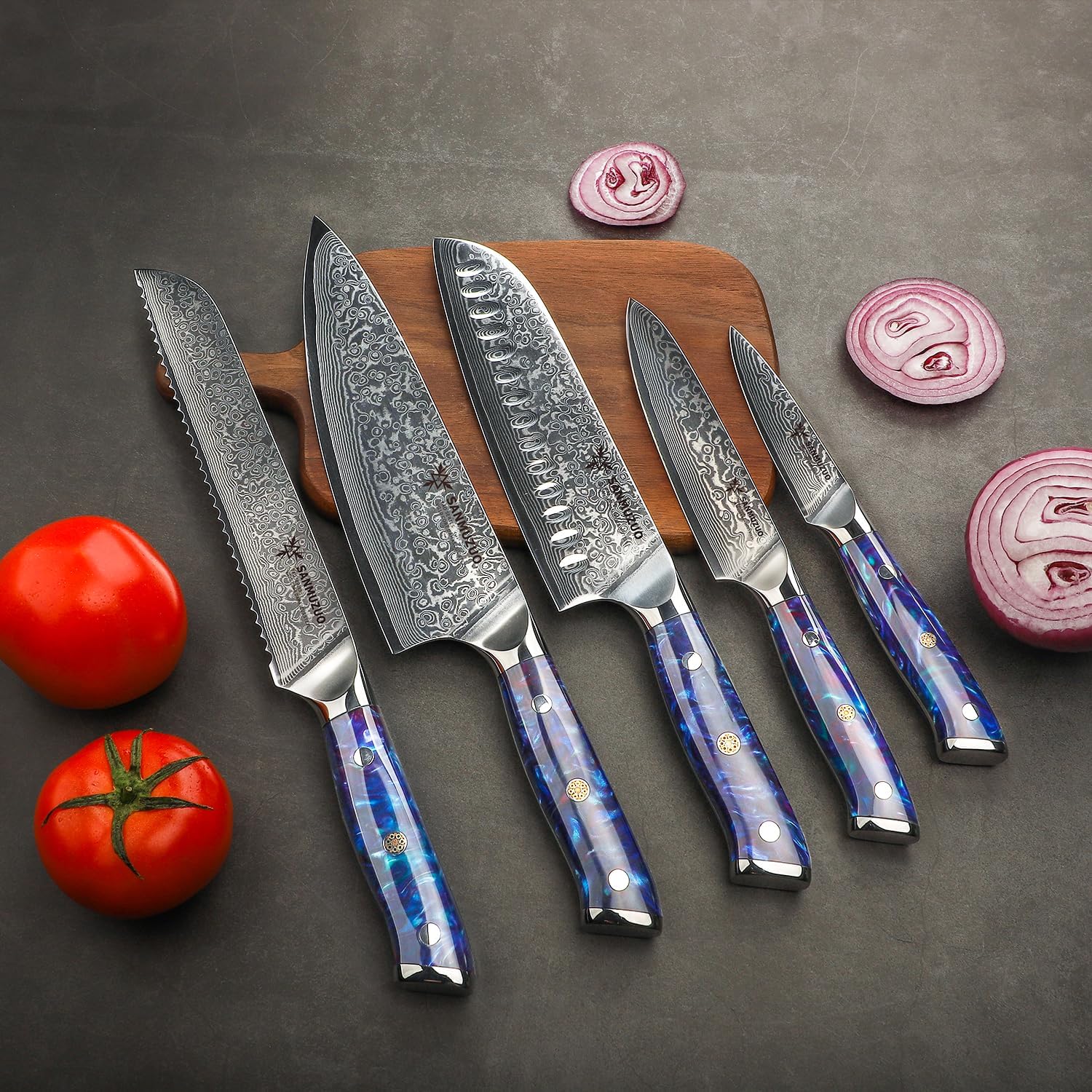 Chef Cooking Knives Set- Kitchen Knife Set of 5 Piece - Ultra-Sharp VG10 Damascus Steel & Resin Handle - Xuan Series (Sapphire Blue)
