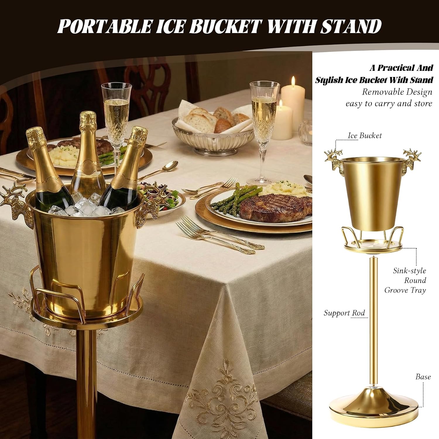 Champagne Bucket with Stand,Ice Bucket kits with Stand (Antler Gold, 2 packs)