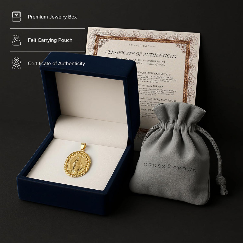 Cross+Crown Premium 14K Yellow Gold Virgin Mary Miraculous Medal for Women & Men, Durable Double-Bonded 14K Yellow Gold Virgin Mary Pendant for Necklace, Women & Mens Gold Virgin Mary Medal, Handcrafted Religious Jewelry in the USA
