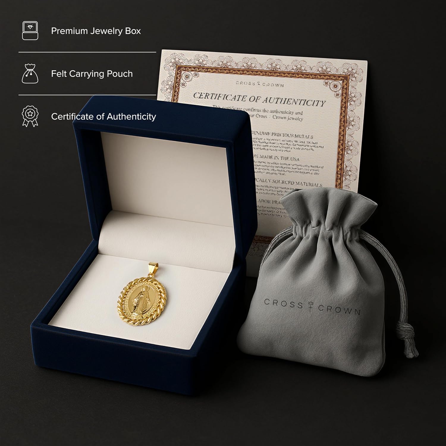 Cross+Crown Premium 14K Yellow Gold Virgin Mary Miraculous Medal for Women & Men, Durable Double-Bonded 14K Yellow Gold Virgin Mary Pendant for Necklace, Women & Mens Gold Virgin Mary Medal, Handcrafted Religious Jewelry in the USA
