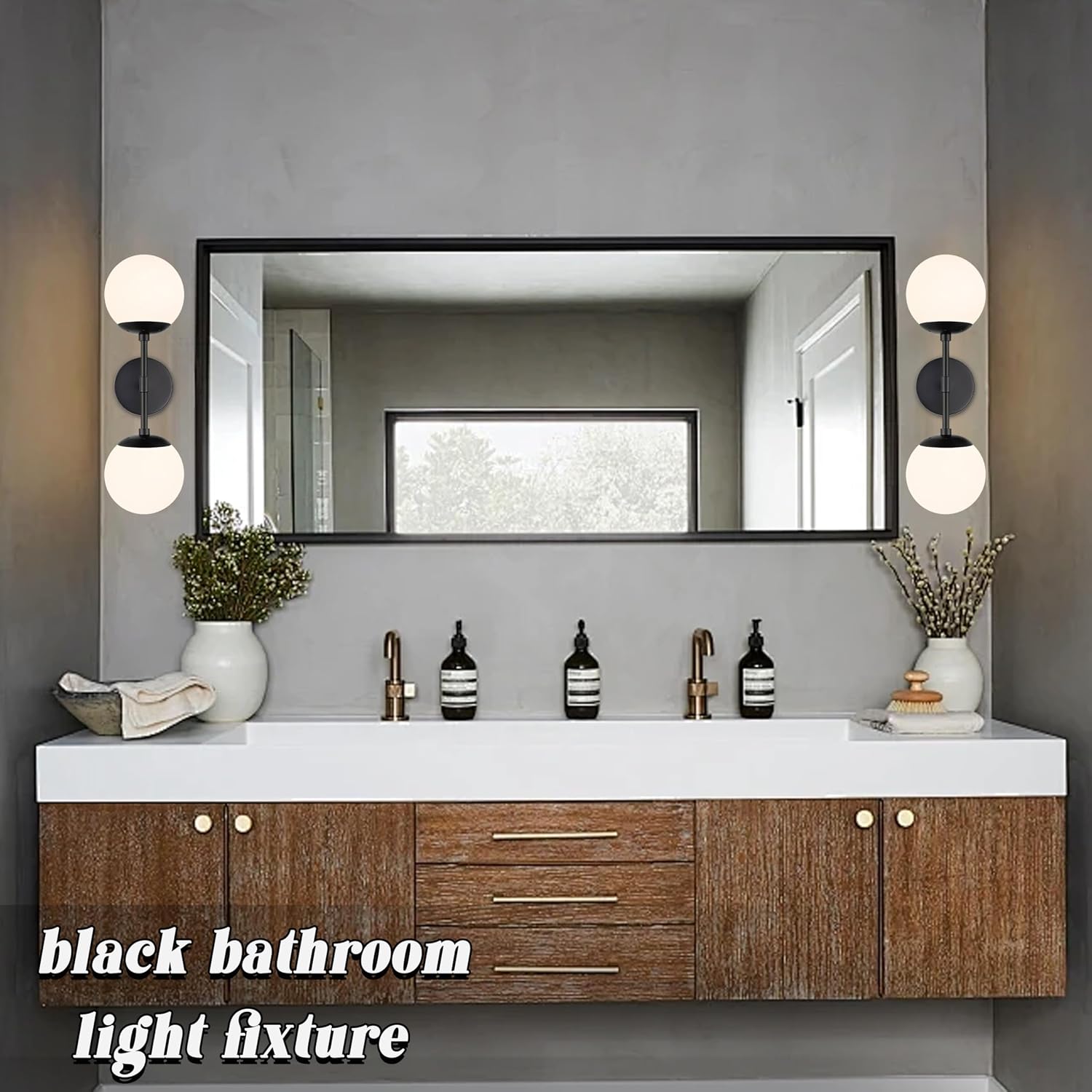 KoKo&Yukina 2 Pack Matte Black Interior Vanity Light Fixtures Mid Century Modern Bathroom Vanity Light Globe Sconce Vanity Lights with Clear Glass for Bathroom (Bulb Incl.)