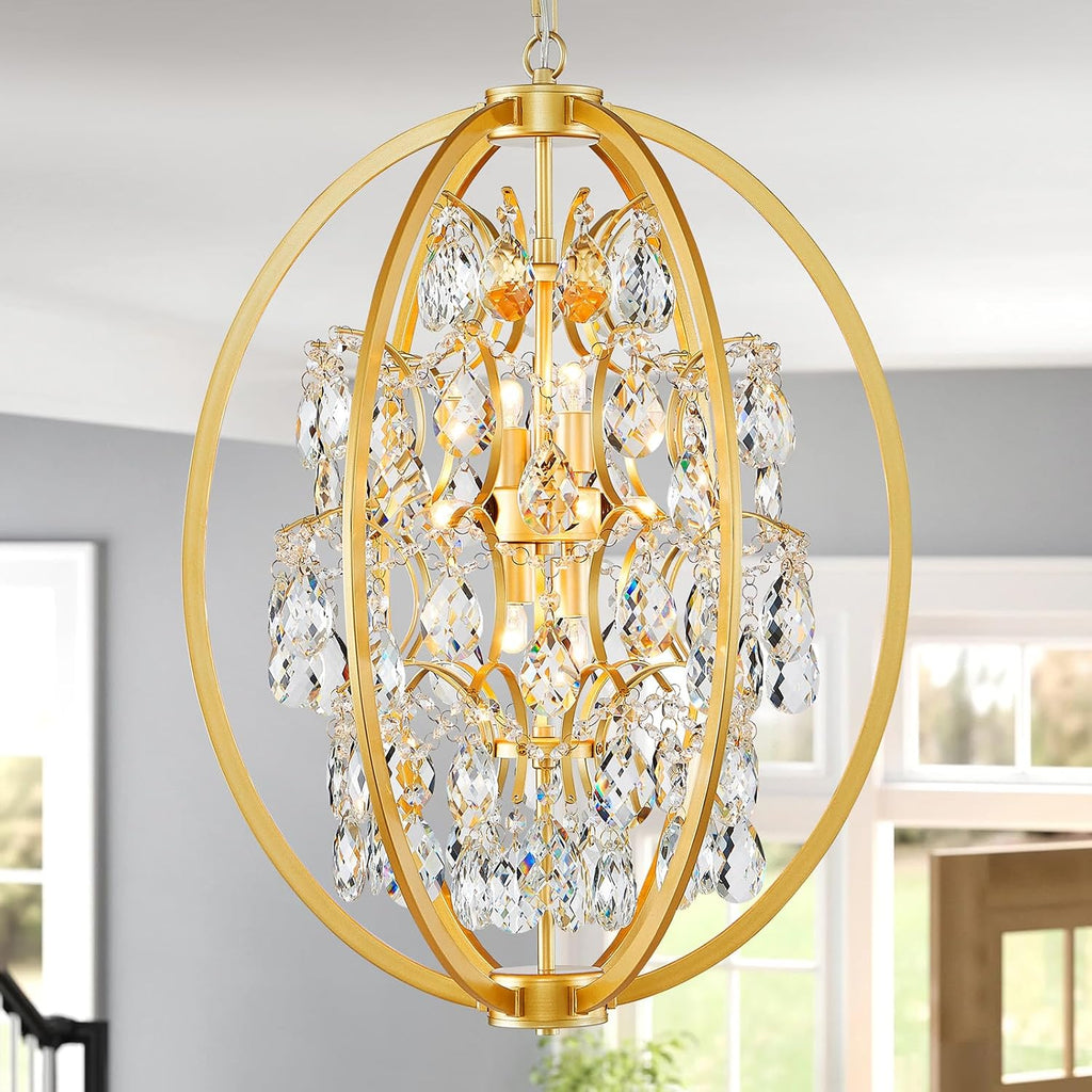 WUZUPS Globe Crystal Chandelier Raindrop Pendant Flushmount Ceiling Light Modern Lighting Fixture for Bedroom Hallway Bar Kitchen Bathroom, H 23.6' x W 19.7', Gold, 8 E12 Base
