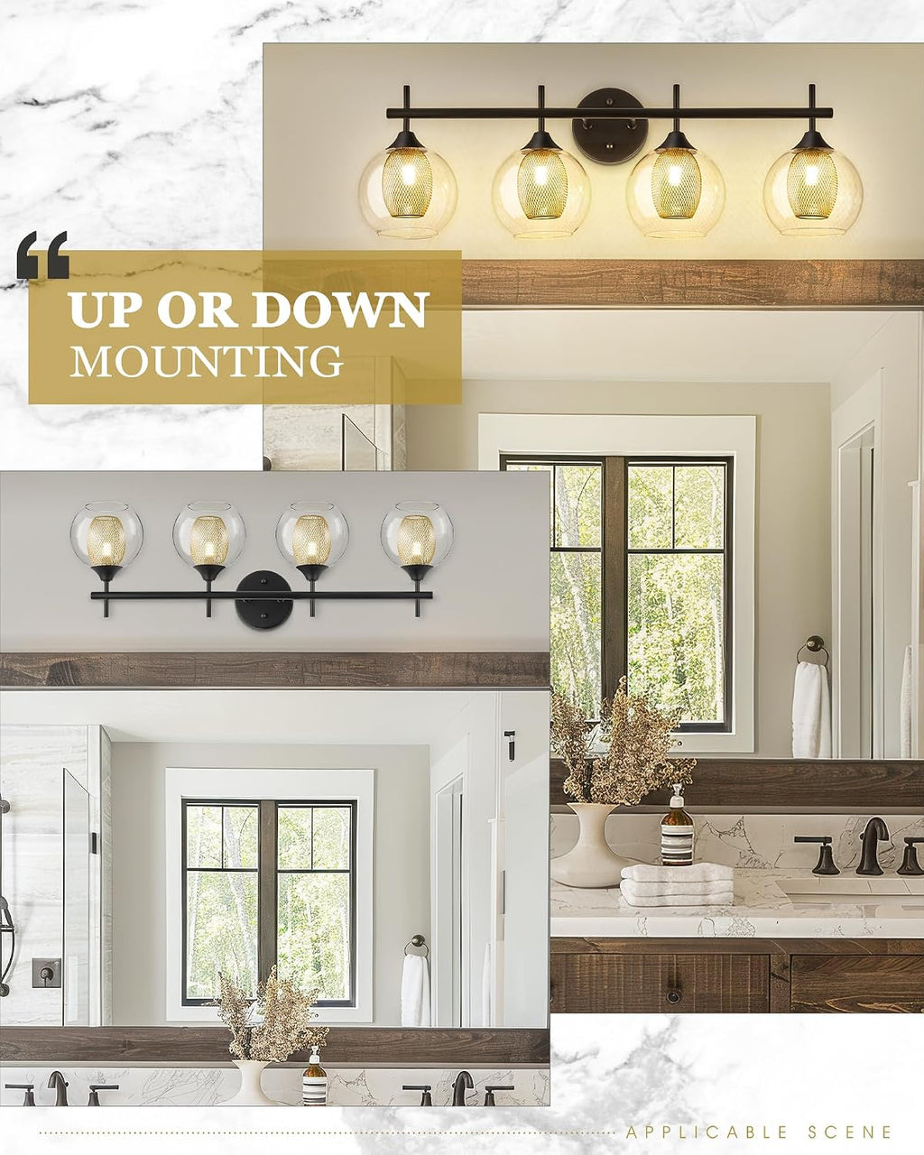 Bathroom Light Fixtures, 4-Light Black and Gold Vanity Lights Over Mirror, 30inch Farmhouse Wall Sconce Lighting with Clear Glass and Honeycomb Metal Shade, AD-22001-4W-BK
