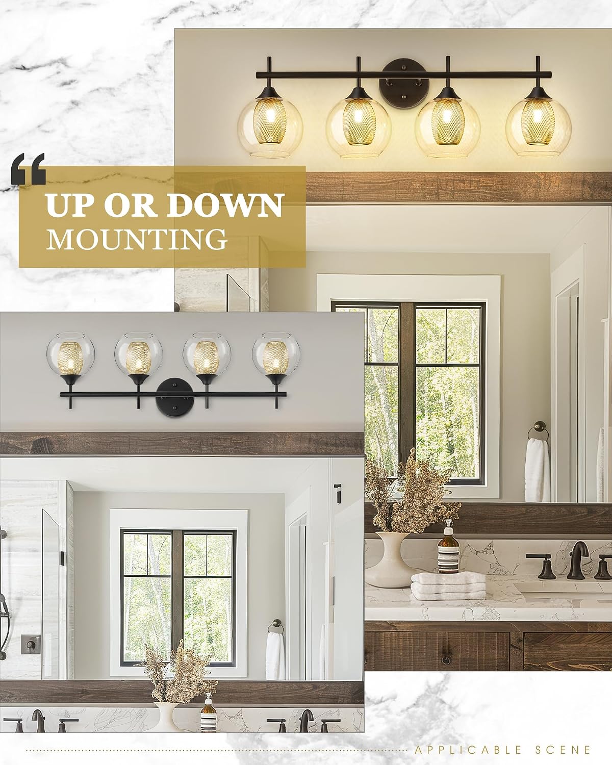 Bathroom Light Fixtures, 4-Light Black and Gold Vanity Lights Over Mirror, 30inch Farmhouse Wall Sconce Lighting with Clear Glass and Honeycomb Metal Shade, AD-22001-4W-BK