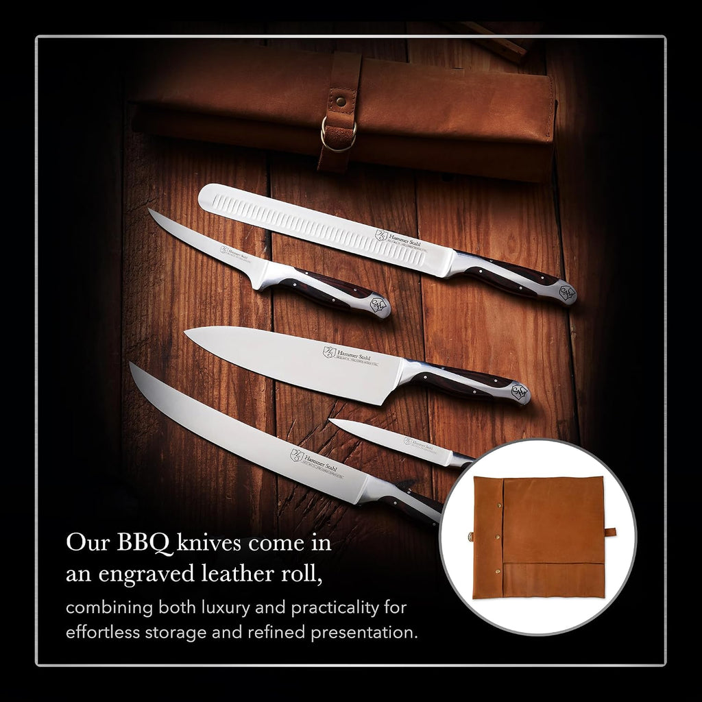 Hammer Stahl BBQ Knife Set | 5 Knives with Engraved Leather Roll | The Essential Barbecue Tools | High Carbon German Forged Stainless Steel Blades
