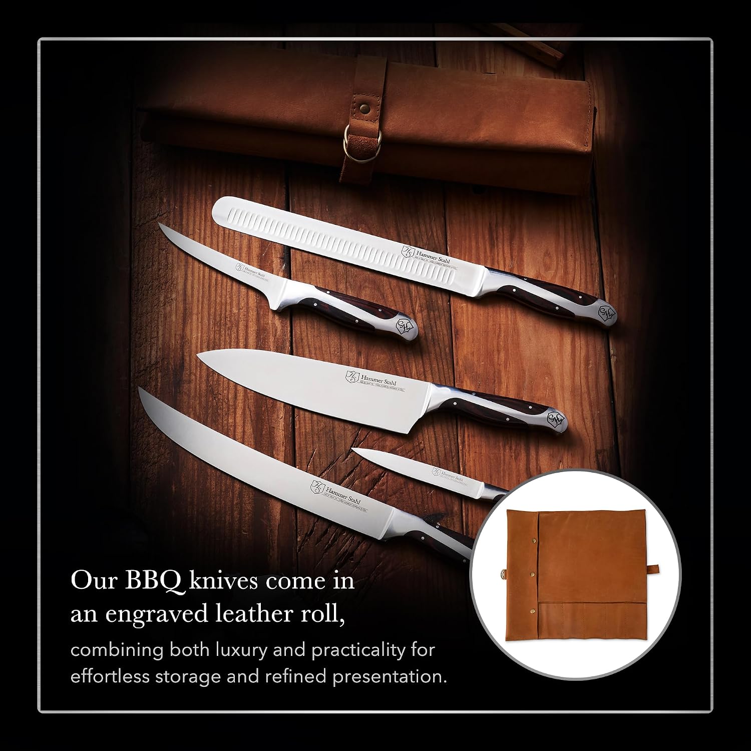 Hammer Stahl BBQ Knife Set | 5 Knives with Engraved Leather Roll | The Essential Barbecue Tools | High Carbon German Forged Stainless Steel Blades