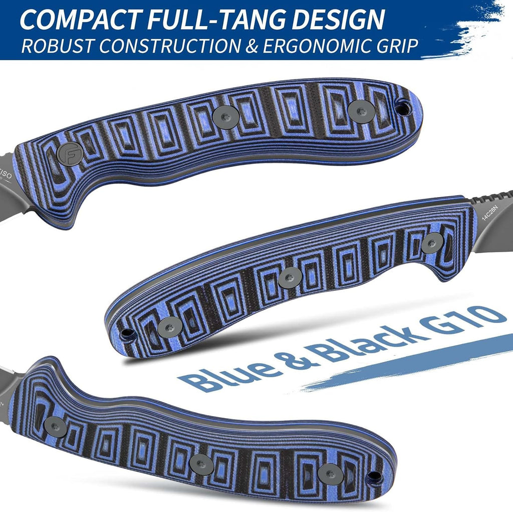 FINTISO Nazar Fixed Blade Knife with Kydex Sheath, 4.24' 14C28N Blade Blue & Black G10 Handles, Titanium-coated, Full Tang Design, Lanyard, for Men Outdoor Activities, Camping, Hiking, EDC Carry.