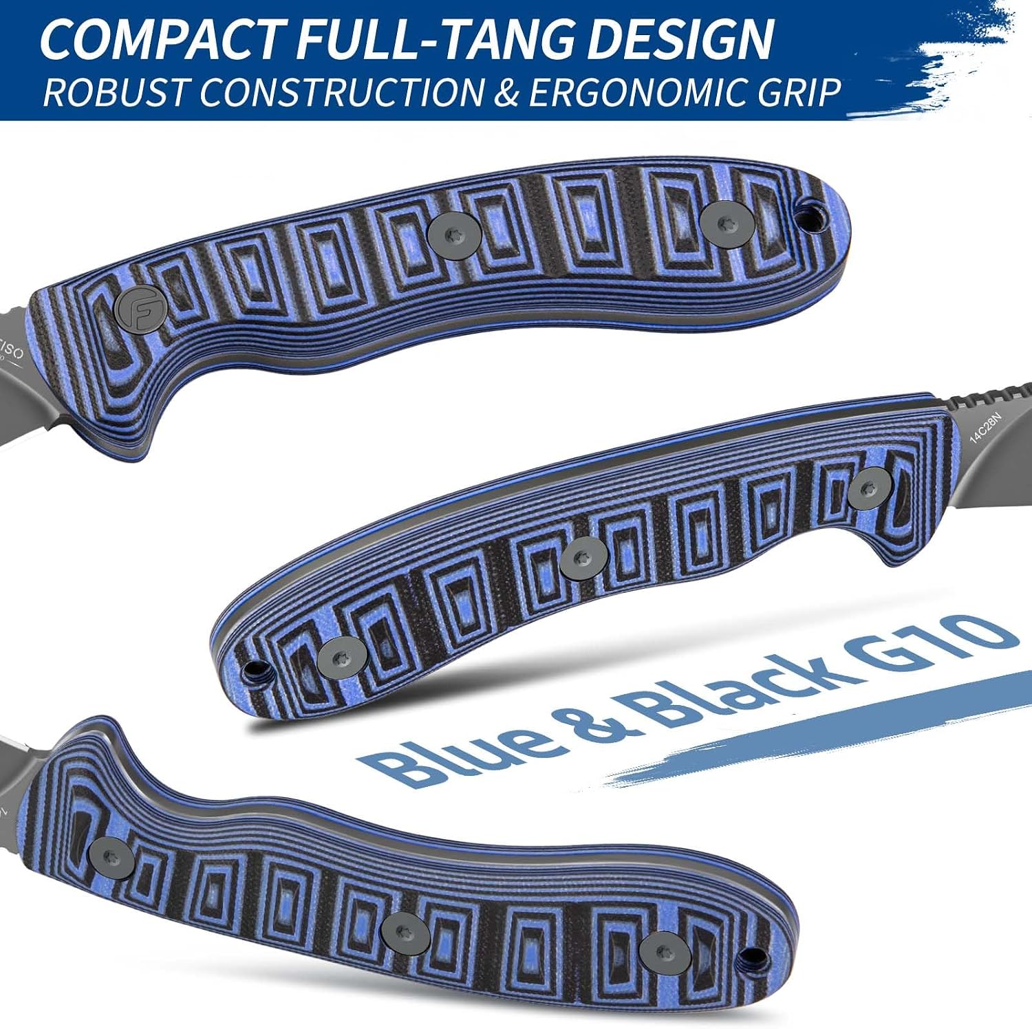 FINTISO Nazar Fixed Blade Knife with Kydex Sheath, 4.24' 14C28N Blade Blue & Black G10 Handles, Titanium-coated, Full Tang Design, Lanyard, for Men Outdoor Activities, Camping, Hiking, EDC Carry.