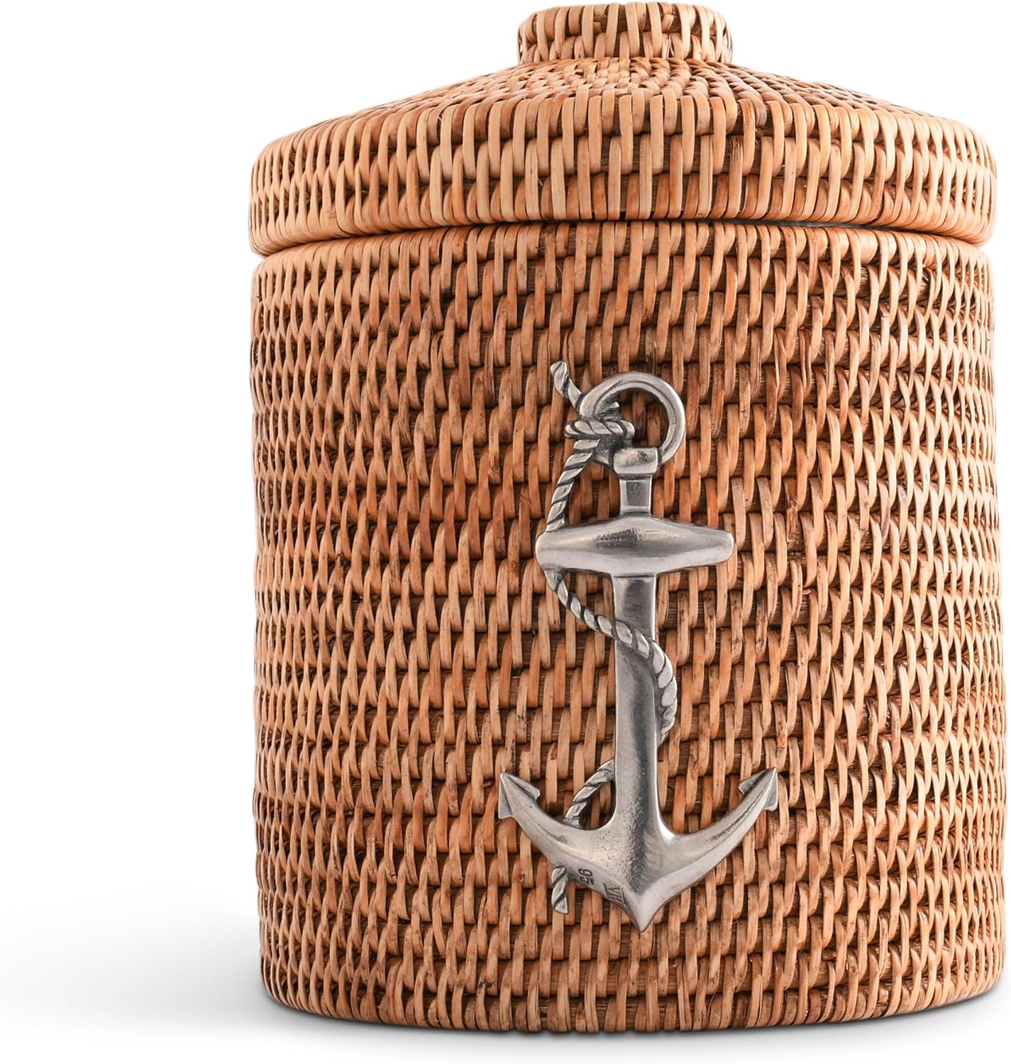 Vagabond House Inspiring Beach Essentials - Luxury Double-Walled Wicker Rattan Ice Bucket with Pewter Metal Anchor, Durable Outdoor Cooler Side Table for Beach House Coastal Boating Lidded ice cooler