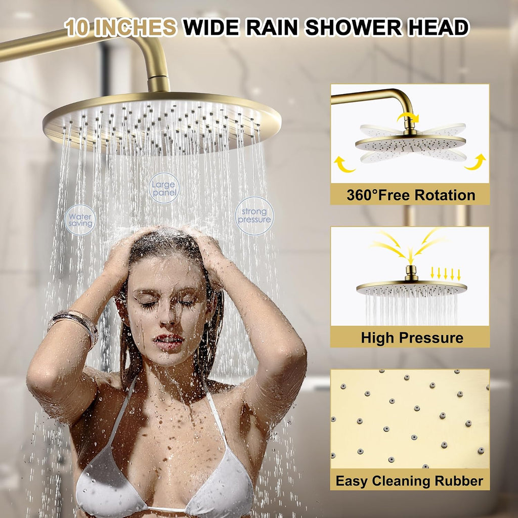 Brushed Gold Exposed Shower System with 2 Modes HandHeld,3 Functions Tub Shower Faucet Sets with Brass Valve, Shower Fixture with 10 Inches Rainfull Shower Head,Shower Height Adjustable
