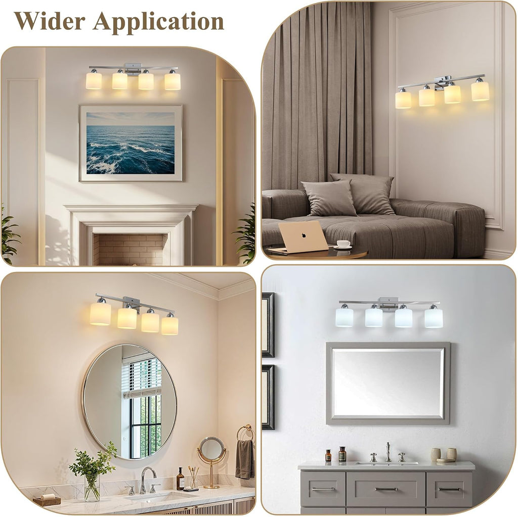 Mecgirn Stainless Steel Milk Glass Vanity Lights for Bathroom, 4 Light Chrome Bathroom Light Fixtures Over Mirror, Ceramic E26 Sockets Wall Mounted