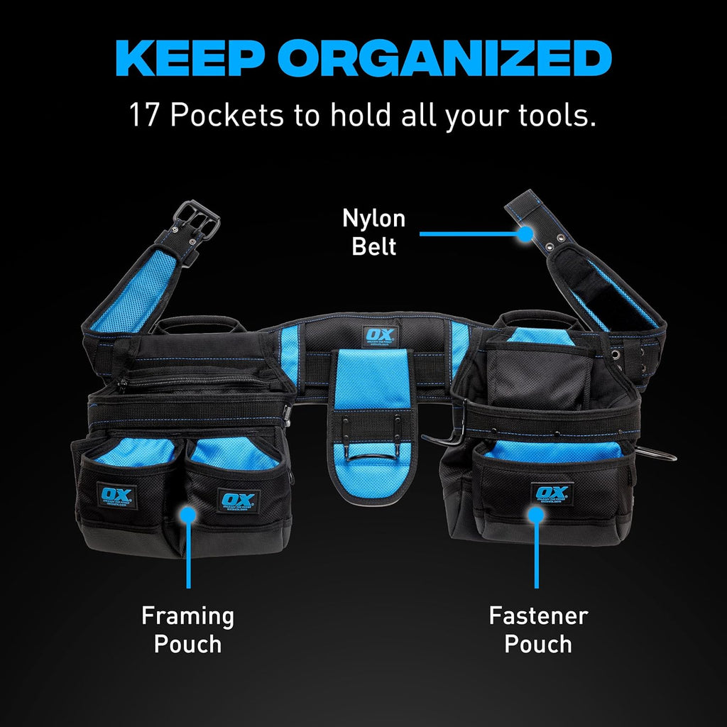 OX Pro Nylon Tool Belt with Padded Back Support - Heavy Duty Framer | 1680D ballistic nylon with PVC coating - organized pouches for framers, electricians and contractors
