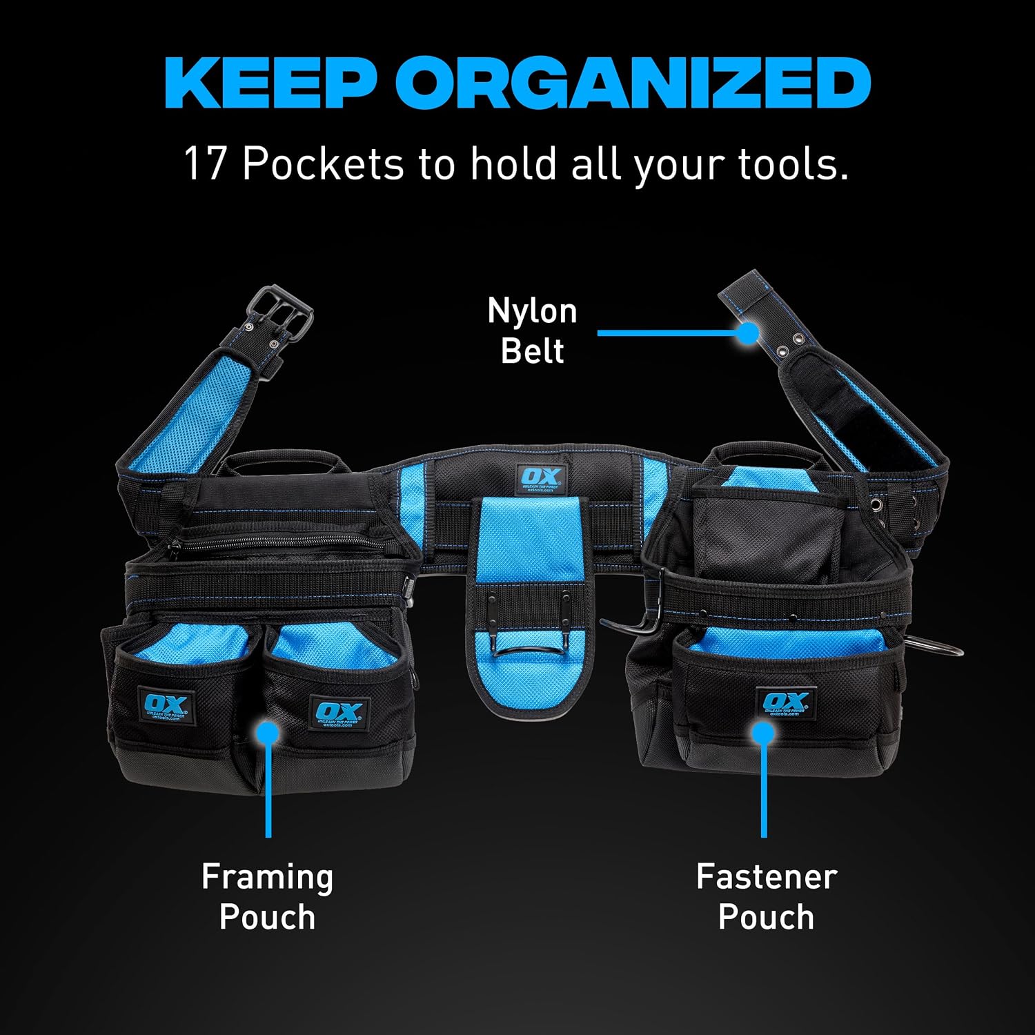 OX Pro Nylon Tool Belt with Padded Back Support - Heavy Duty Framer | 1680D ballistic nylon with PVC coating - organized pouches for framers, electricians and contractors