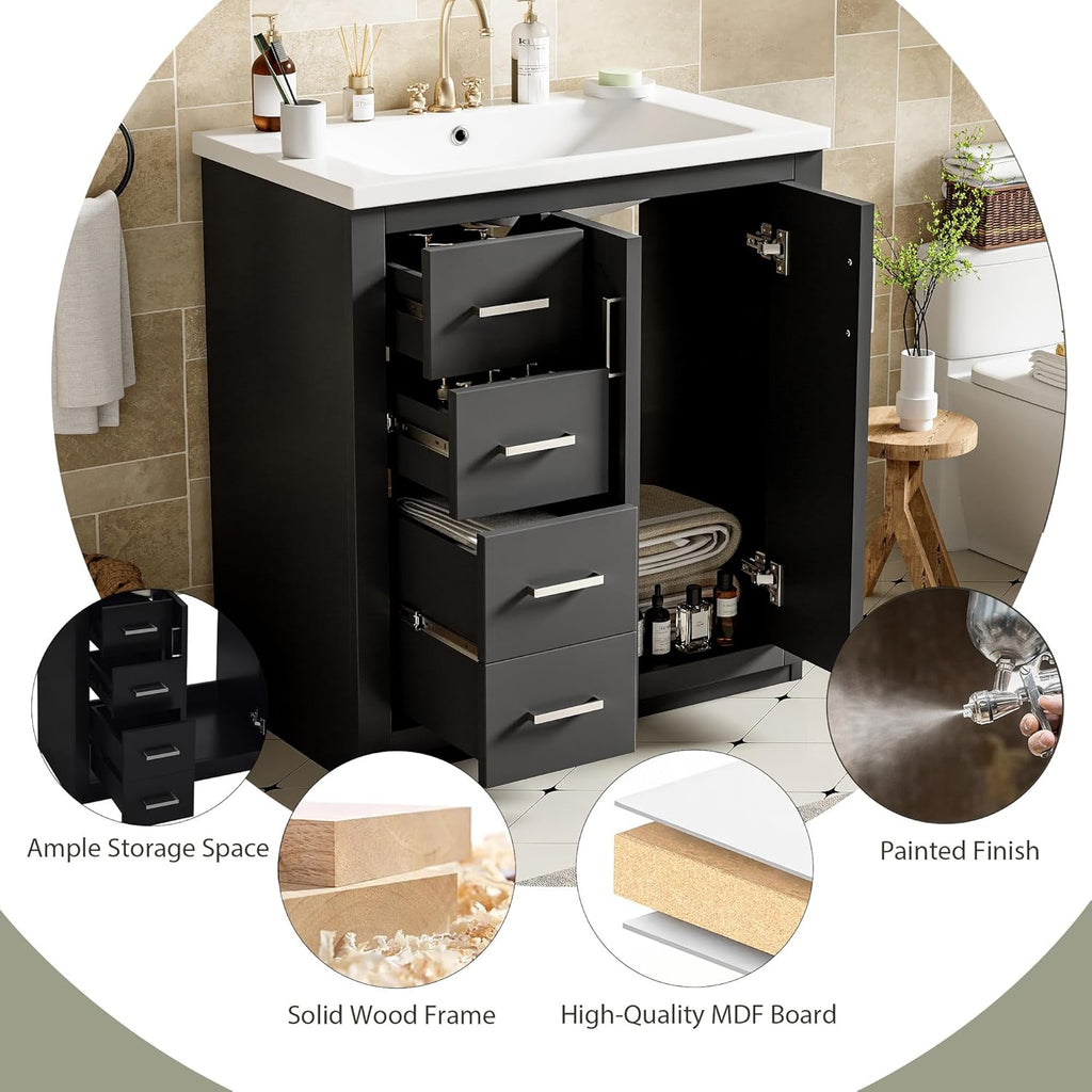 30 Inch Black Bathroom Vanity with Sink and Countertop,Solid Wood Frame Bathroom Cabinet with Sink,Modern Sink Storage Cabinet with 3 Drawers & Soft Closing Doors,Sliver Handles