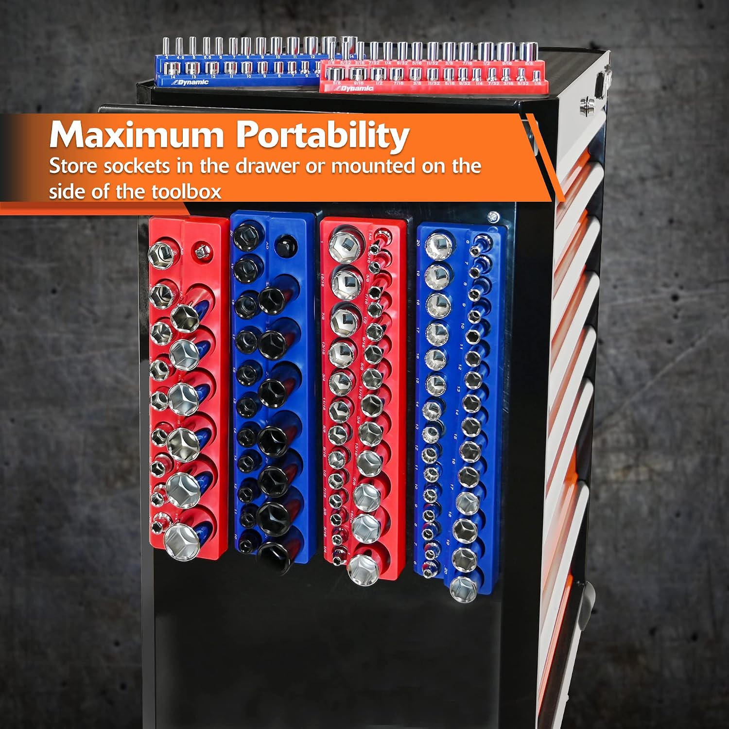 Dynamic 3 Piece Magnetic Socket Organizer Sets, 1/4', 3/8' and 1/2' Drive, SAE and Metric, Quality Tool Box Organizer (3 Pc. SAE Set, Holds 68 Sockets)