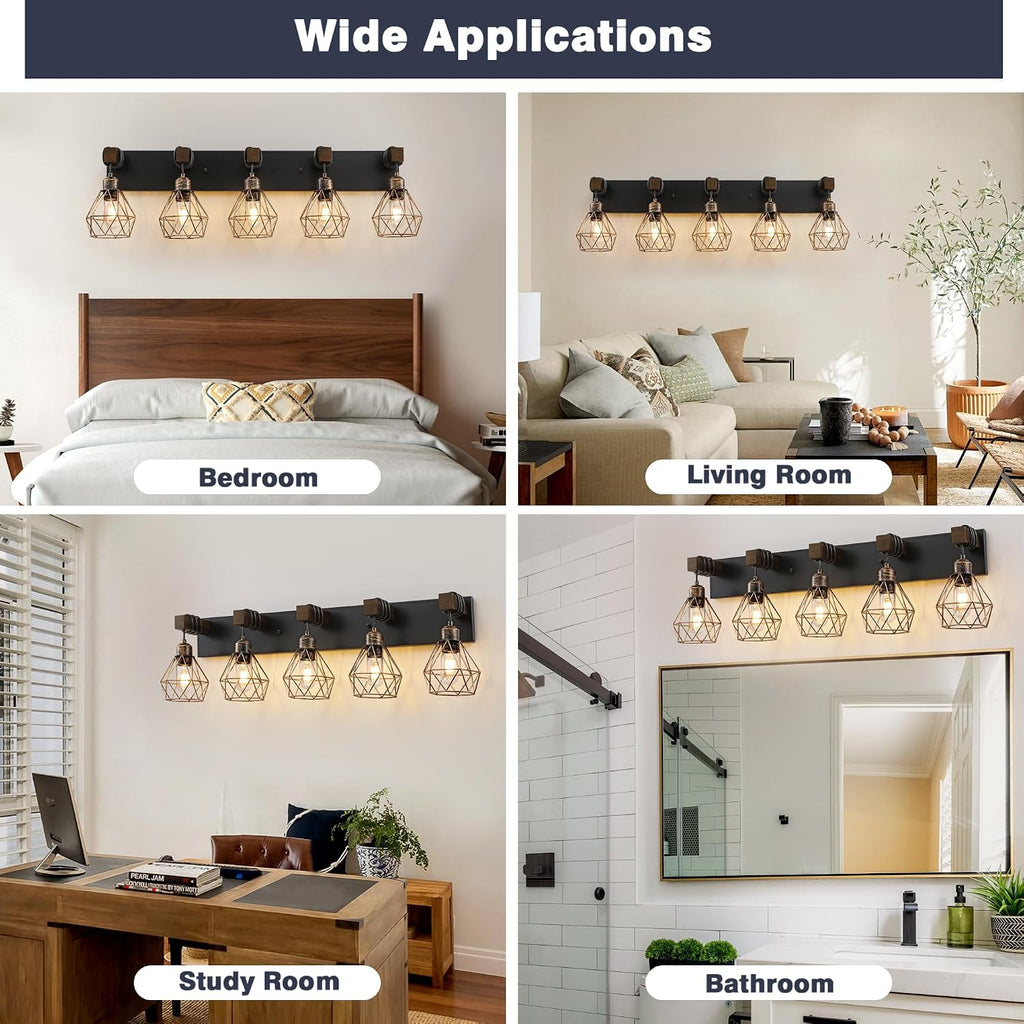 Farmhouse Bathroom Vanity Light Fixtures, 5-Light Wood Bathroom Light Fixtures Over Mirror, Rustic Sconces Wall Lighting with Elegant Metal Lampshade for Living Room, Bedroom, Hallway