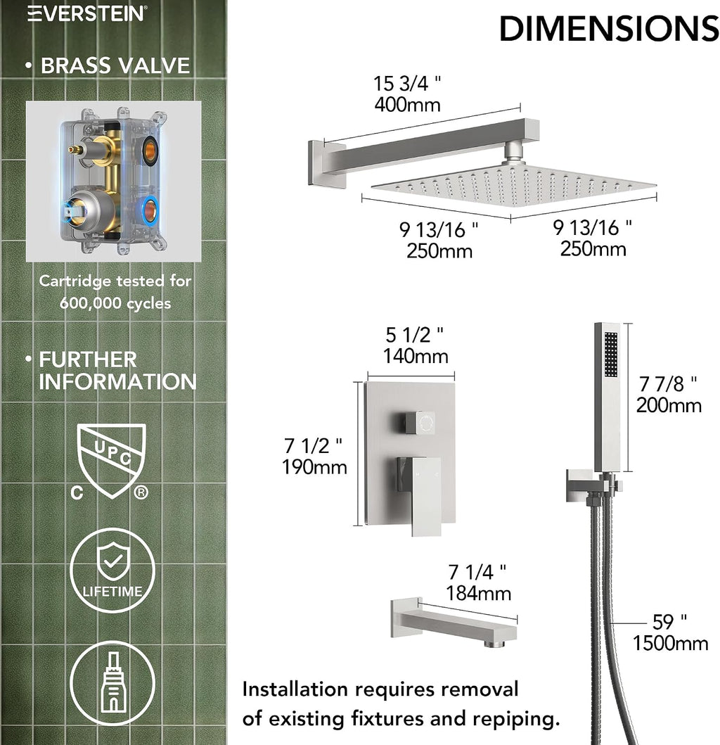 Shower Tub Faucet Set, 10' Bathroom Rainfall Shower Head Fixtures Combo with Handheld Spray and Tub Spout, Brushed Nickel (Valve Included)