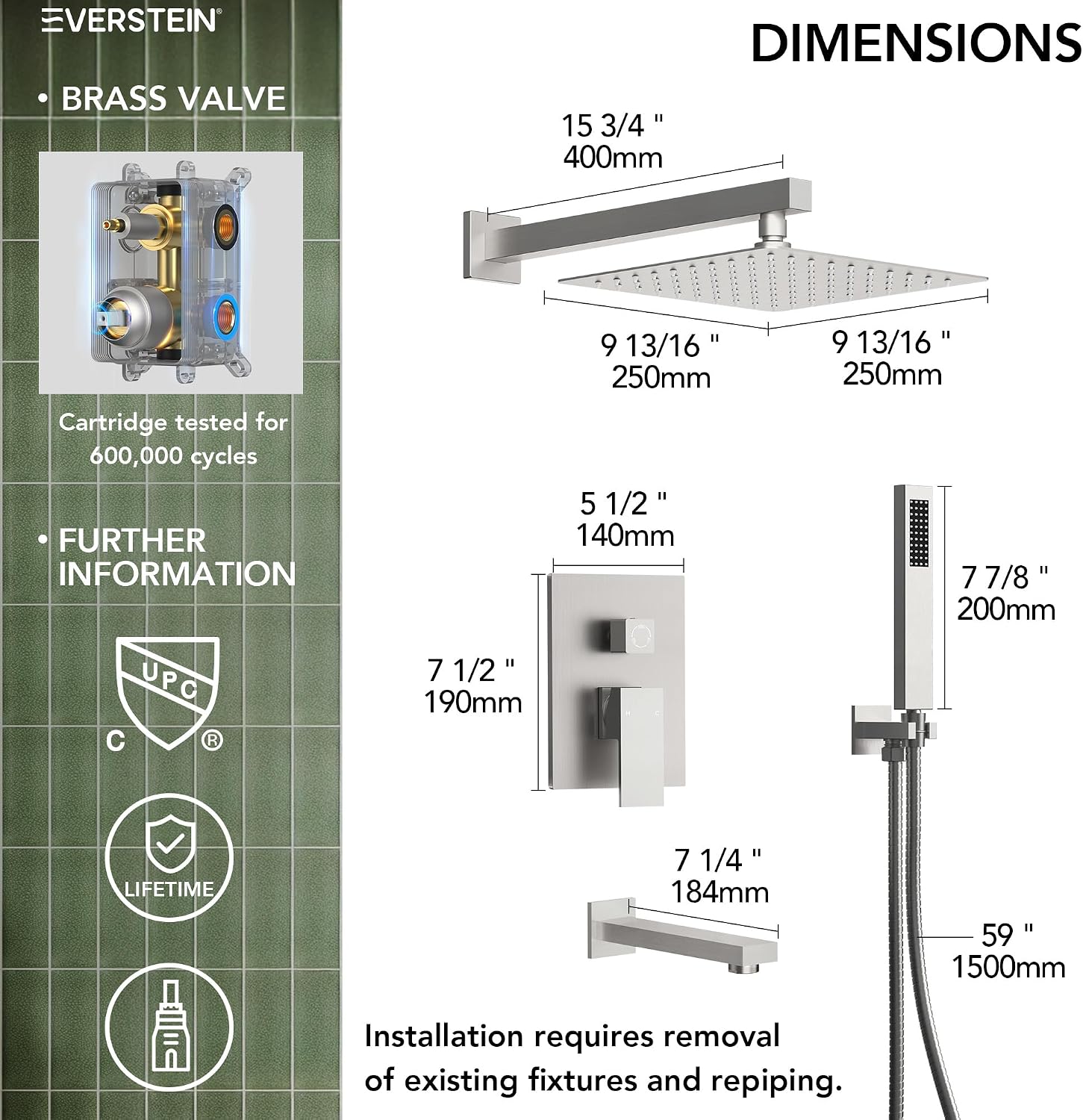 Shower Tub Faucet Set, 10' Bathroom Rainfall Shower Head Fixtures Combo with Handheld Spray and Tub Spout, Brushed Nickel (Valve Included)