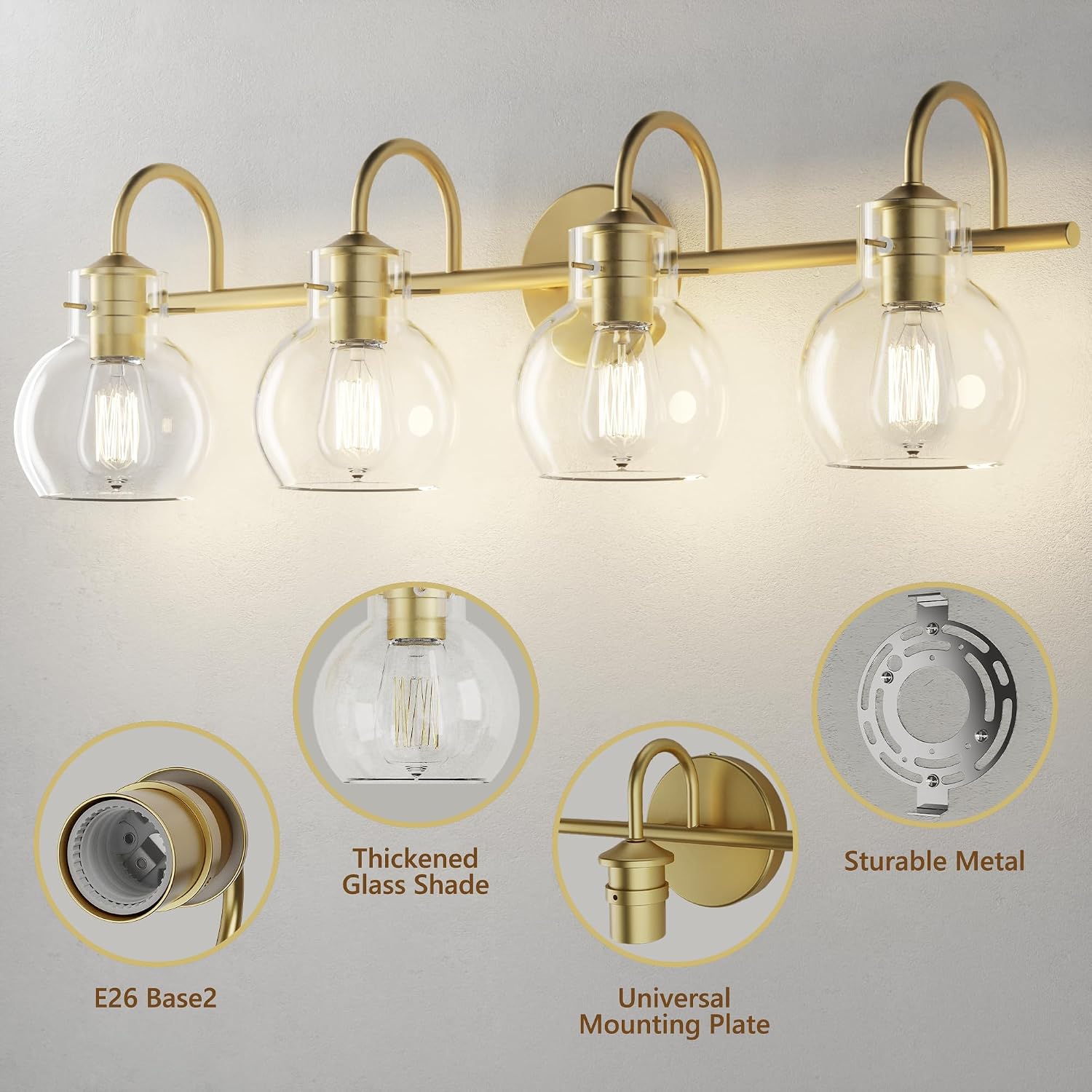 4-Light Gold Bathroom Vanity Light Fixtures, 24 Inch Over Mirror with Clear Glass Shade Wall Mounted Sconces for Bathroom, Living Room, Hallway, E26 Base