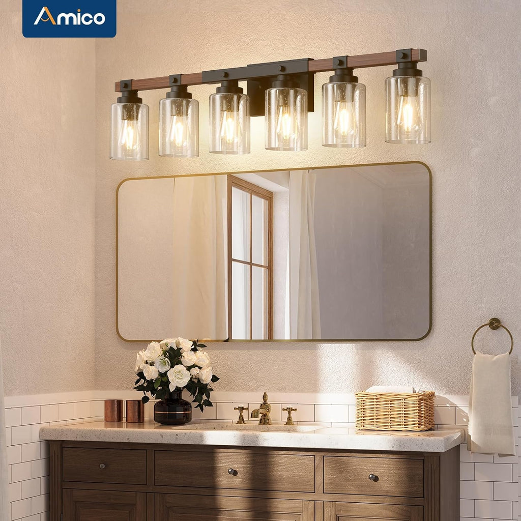 Amico Farmhouse Bathroom Vanity Light Fixtures,Rustic 6-Light Industrial Painted Wood Lights,Vintage Black Wall Sconces Bathroom Vanity Lighting with Bubble Glass Shade