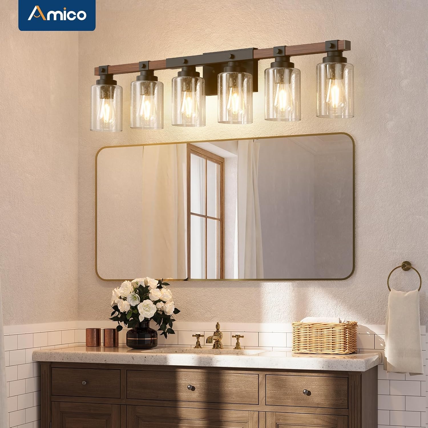 Amico Farmhouse Bathroom Vanity Light Fixtures,Rustic 6-Light Industrial Painted Wood Lights,Vintage Black Wall Sconces Bathroom Vanity Lighting with Bubble Glass Shade